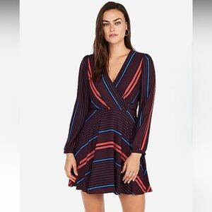 Express Striped Surplice Fit & Flare Dress Long Sleeve Preppy Whimsy Baddie Med.